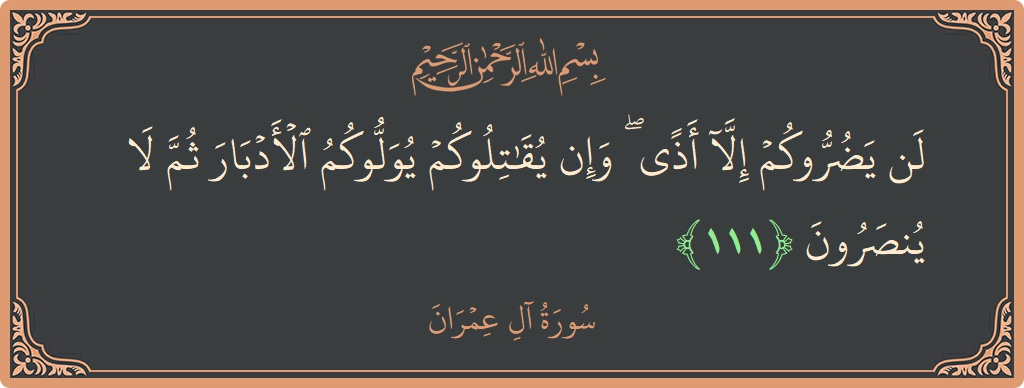 Verse 111 - Surah Aal-i-Imraan: (لن يضروكم إلا أذى ۖ وإن يقاتلوكم يولوكم الأدبار ثم لا ينصرون...) - English