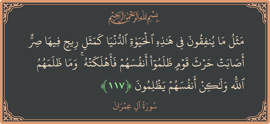 Verse 117 - Surah Aal-i-Imraan: (مثل ما ينفقون في هذه الحياة الدنيا كمثل ريح فيها صر أصابت حرث قوم ظلموا أنفسهم فأهلكته ۚ وما ظلمهم...) - English