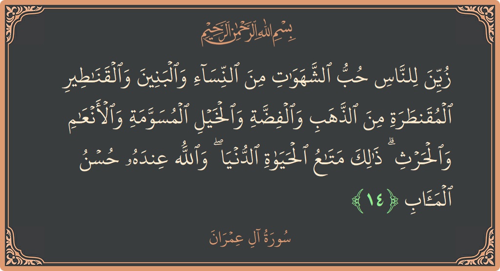 الآية 14 - سورة آل عمران: (زين للناس حب الشهوات من النساء والبنين والقناطير المقنطرة من الذهب والفضة والخيل المسومة والأنعام والحرث ۗ ذلك متاع الحياة...)