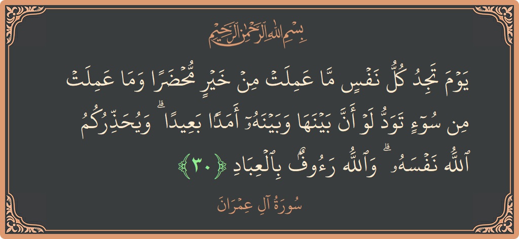 Ayat 30 - Surah Aal-i-Imran: (يوم تجد كل نفس ما عملت من خير محضرا وما عملت من سوء تود لو أن بينها وبينه أمدا بعيدا...) - Indonesia