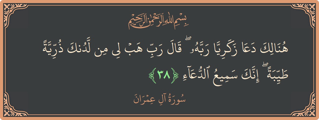 آیت 38 - سورة آل عمران: (هنالك دعا زكريا ربه ۖ قال رب هب لي من لدنك ذرية طيبة ۖ إنك سميع الدعاء...) - اردو