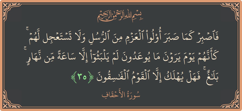 الآية 35 - سورة الأحقاف: (فاصبر كما صبر أولو العزم من الرسل ولا تستعجل لهم ۚ كأنهم يوم يرون ما يوعدون لم يلبثوا إلا ساعة...)