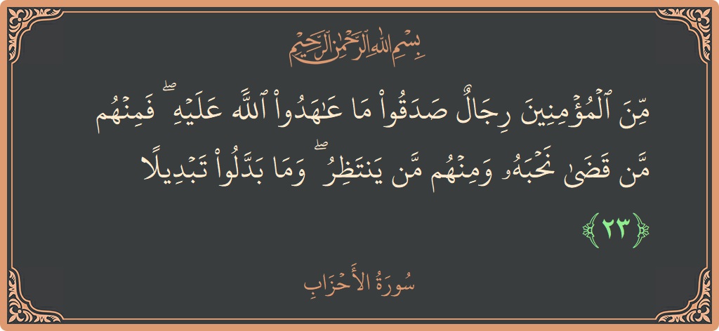 الآية 23 - سورة الأحزاب: (من المؤمنين رجال صدقوا ما عاهدوا الله عليه ۖ فمنهم من قضى نحبه ومنهم من ينتظر ۖ وما بدلوا تبديلا...)