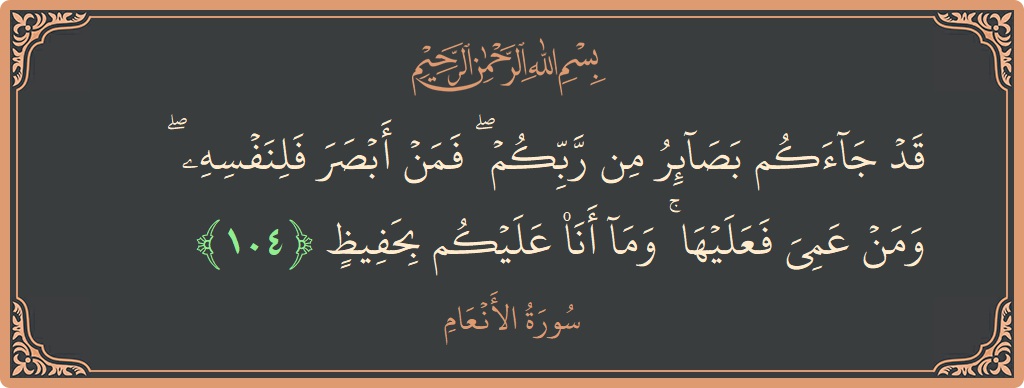 الآية 104 - سورة الأنعام: (قد جاءكم بصائر من ربكم ۖ فمن أبصر فلنفسه ۖ ومن عمي فعليها ۚ وما أنا عليكم بحفيظ...)