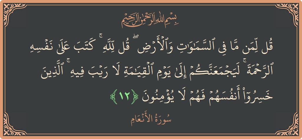آیت 12 - سورۃ الانعام: (قل لمن ما في السماوات والأرض ۖ قل لله ۚ كتب على نفسه الرحمة ۚ ليجمعنكم إلى يوم القيامة لا...) - اردو