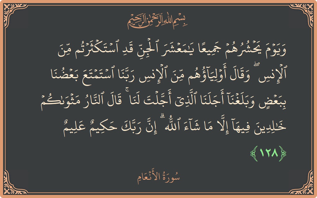 128 - En'am Suresi ayeti: (ويوم يحشرهم جميعا يا معشر الجن قد استكثرتم من الإنس ۖ وقال أولياؤهم من الإنس ربنا استمتع بعضنا ببعض وبلغنا...) - Türkçe