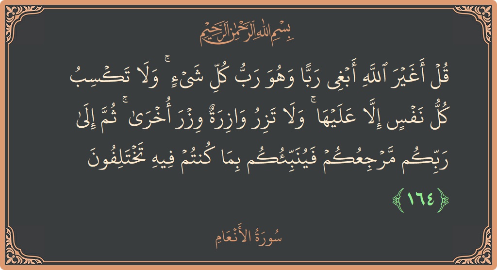 Verse 164 - Surah Al-An'aam: (قل أغير الله أبغي ربا وهو رب كل شيء ۚ ولا تكسب كل نفس إلا عليها ۚ ولا تزر وازرة...) - English