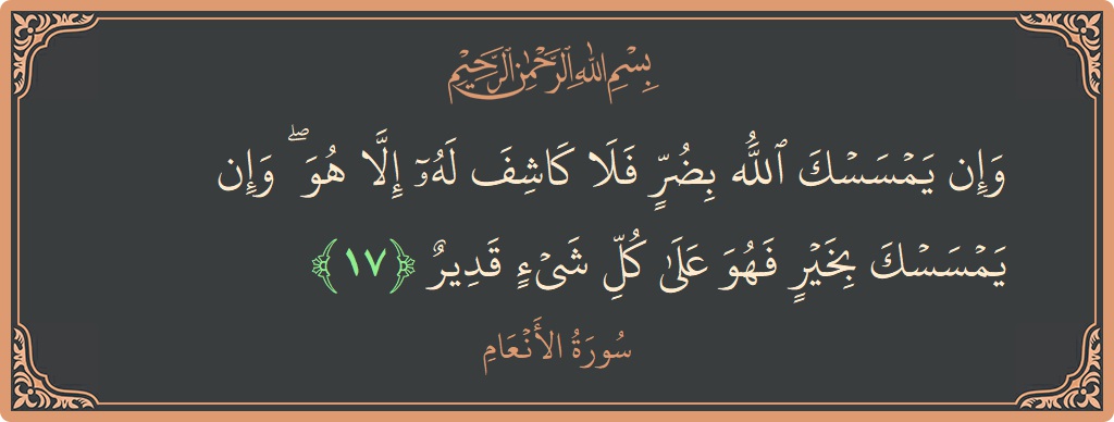 الآية 17 - سورة الأنعام: (وإن يمسسك الله بضر فلا كاشف له إلا هو ۖ وإن يمسسك بخير فهو على كل شيء قدير...)