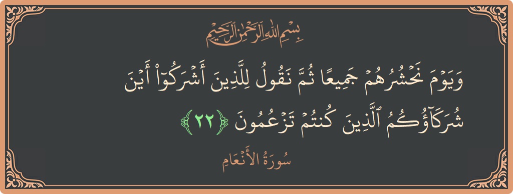 Verse 22 - Surah Al-An'aam: (ويوم نحشرهم جميعا ثم نقول للذين أشركوا أين شركاؤكم الذين كنتم تزعمون...) - English