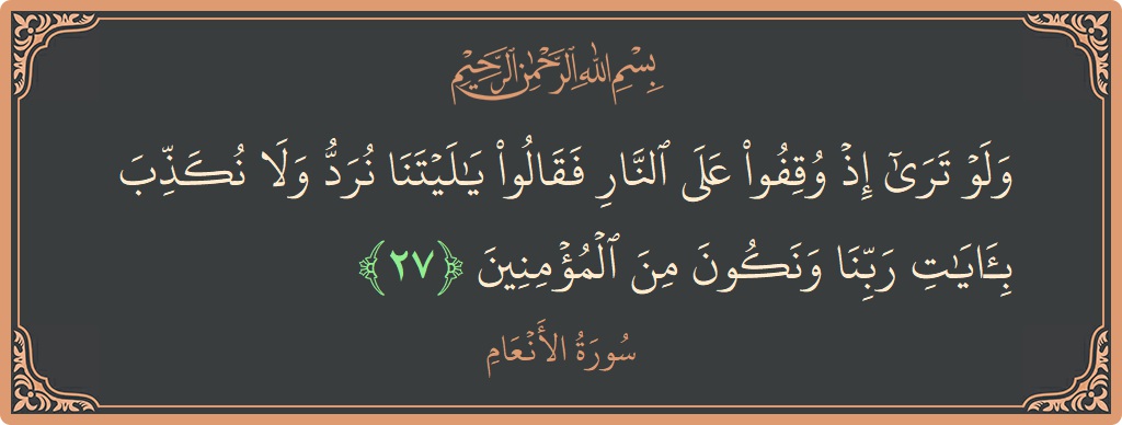 Verse 27 - Surah Al-An'aam: (ولو ترى إذ وقفوا على النار فقالوا يا ليتنا نرد ولا نكذب بآيات ربنا ونكون من المؤمنين...) - English