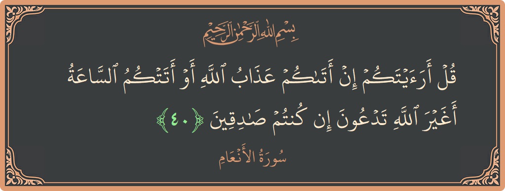 Verse 40 - Surah Al-An'aam: (قل أرأيتكم إن أتاكم عذاب الله أو أتتكم الساعة أغير الله تدعون إن كنتم صادقين...) - English