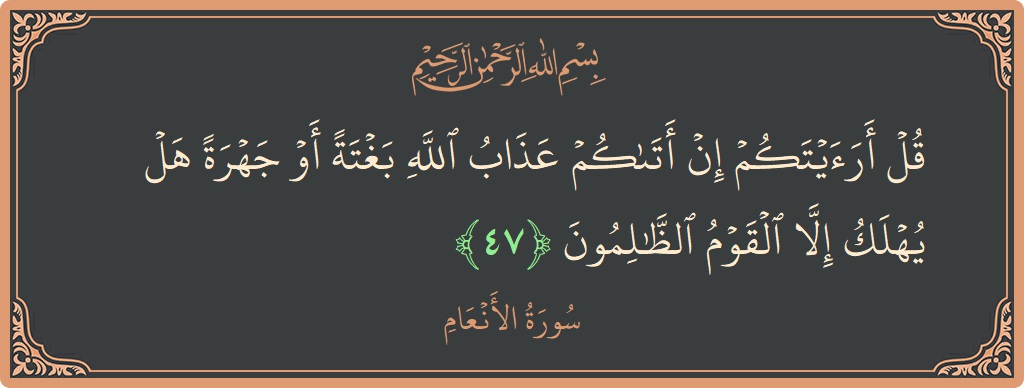 47 - En'am Suresi ayeti: (قل أرأيتكم إن أتاكم عذاب الله بغتة أو جهرة هل يهلك إلا القوم الظالمون...) - Türkçe