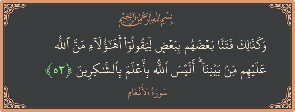 53 - En'am Suresi ayeti: (وكذلك فتنا بعضهم ببعض ليقولوا أهؤلاء من الله عليهم من بيننا ۗ أليس الله بأعلم بالشاكرين...) - Türkçe
