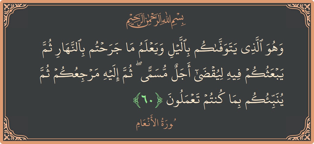 60 - En'am Suresi ayeti: (وهو الذي يتوفاكم بالليل ويعلم ما جرحتم بالنهار ثم يبعثكم فيه ليقضى أجل مسمى ۖ ثم إليه مرجعكم ثم ينبئكم...) - Türkçe