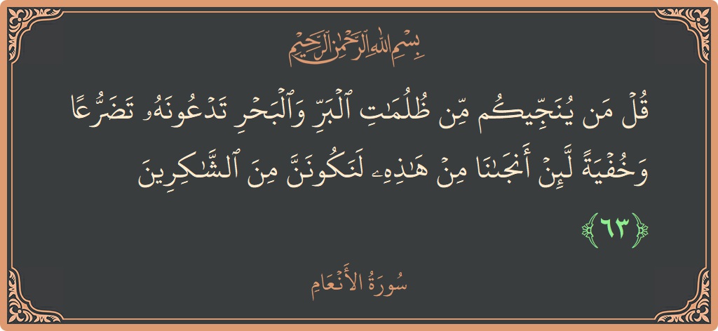 63 - En'am Suresi ayeti: (قل من ينجيكم من ظلمات البر والبحر تدعونه تضرعا وخفية لئن أنجانا من هذه لنكونن من الشاكرين...) - Türkçe