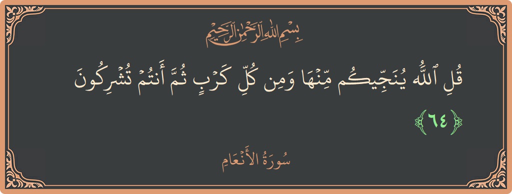 64 - En'am Suresi ayeti: (قل الله ينجيكم منها ومن كل كرب ثم أنتم تشركون...) - Türkçe