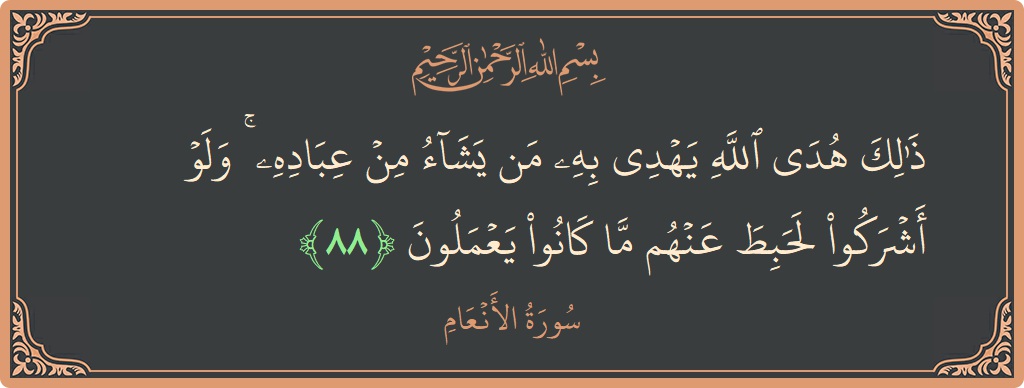 الآية 88 - سورة الأنعام: (ذلك هدى الله يهدي به من يشاء من عباده ۚ ولو أشركوا لحبط عنهم ما كانوا يعملون...)