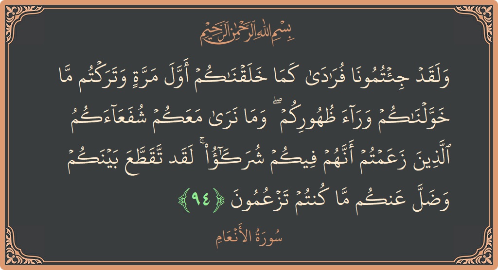 Verse 94 - Surah Al-An'aam: (ولقد جئتمونا فرادى كما خلقناكم أول مرة وتركتم ما خولناكم وراء ظهوركم ۖ وما نرى معكم شفعاءكم الذين زعمتم أنهم...) - English