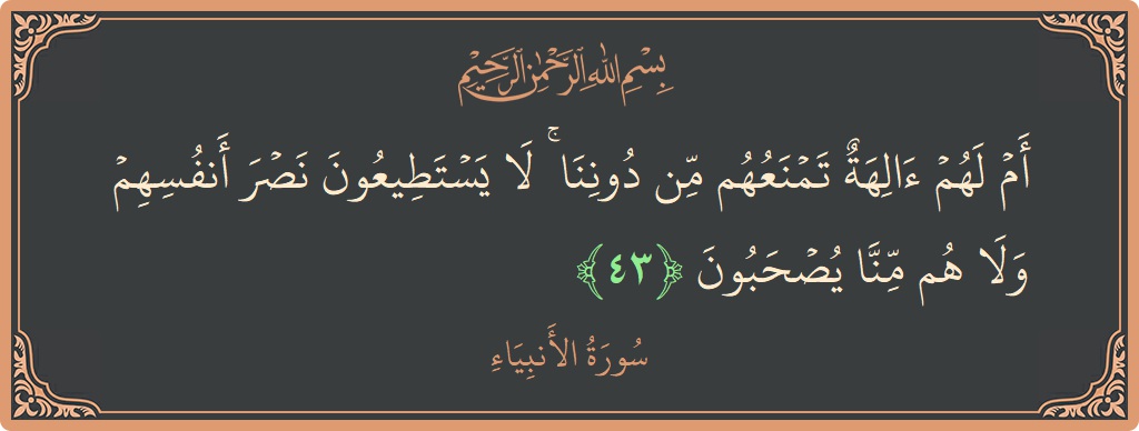 43 - Enbiya Suresi ayeti: (أم لهم آلهة تمنعهم من دوننا ۚ لا يستطيعون نصر أنفسهم ولا هم منا يصحبون...) - Türkçe