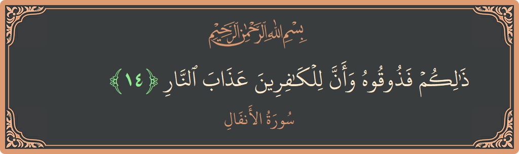 الآية 14 - سورة الأنفال: (ذلكم فذوقوه وأن للكافرين عذاب النار...)