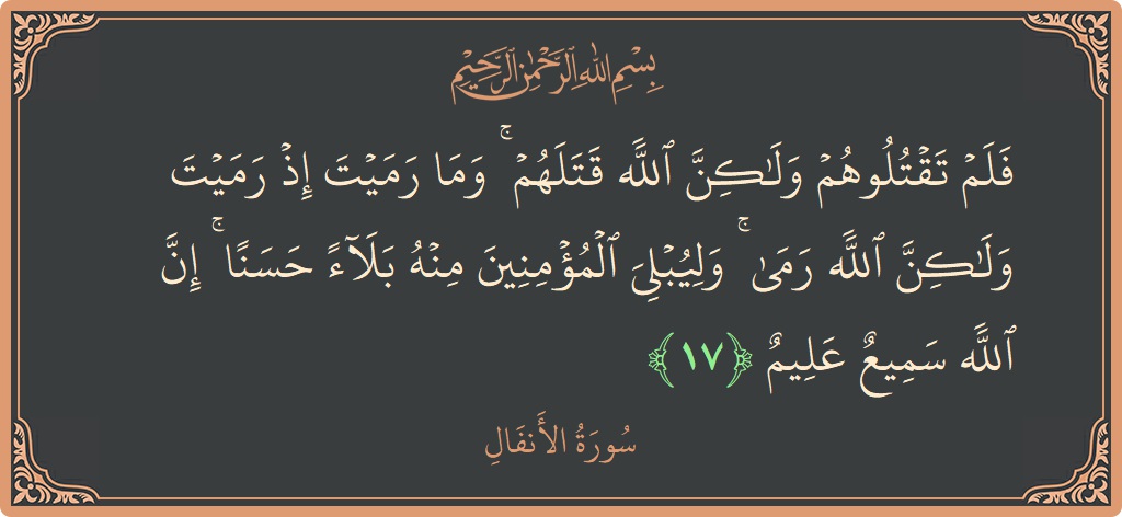Verse 17 - Surah Al-Anfaal: (فلم تقتلوهم ولكن الله قتلهم ۚ وما رميت إذ رميت ولكن الله رمى ۚ وليبلي المؤمنين منه بلاء حسنا ۚ...) - English