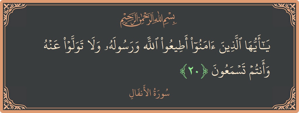 الآية 20 - سورة الأنفال: (يا أيها الذين آمنوا أطيعوا الله ورسوله ولا تولوا عنه وأنتم تسمعون...)