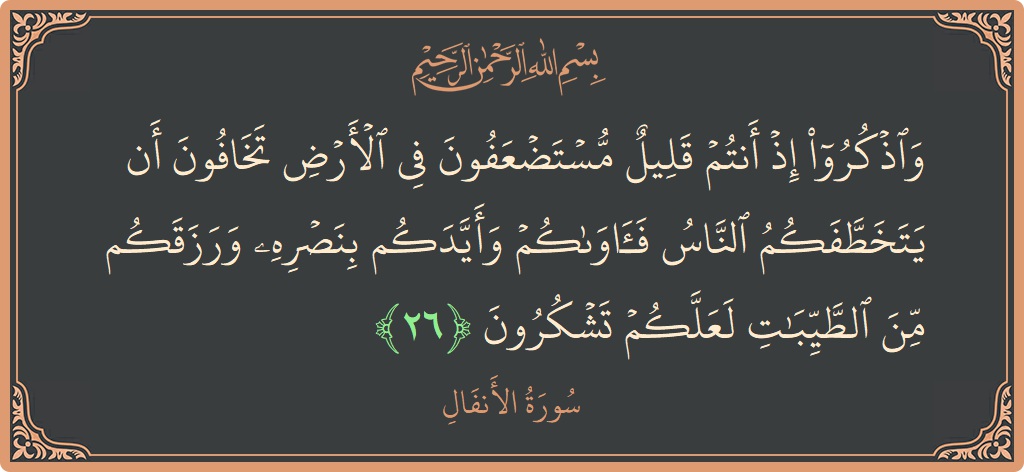 الآية 26 - سورة الأنفال: (واذكروا إذ أنتم قليل مستضعفون في الأرض تخافون أن يتخطفكم الناس فآواكم وأيدكم بنصره ورزقكم من الطيبات لعلكم تشكرون...)