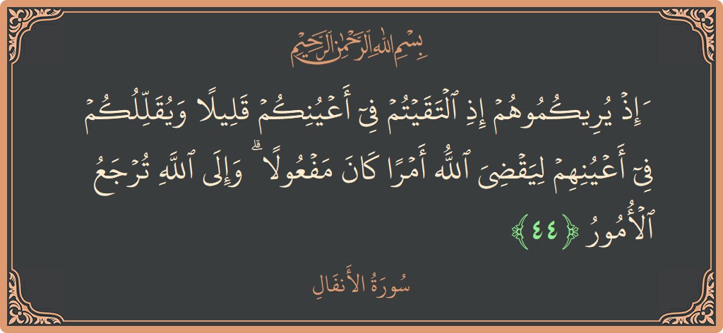 الآية 44 - سورة الأنفال: (وإذ يريكموهم إذ التقيتم في أعينكم قليلا ويقللكم في أعينهم ليقضي الله أمرا كان مفعولا ۗ وإلى الله ترجع الأمور...)