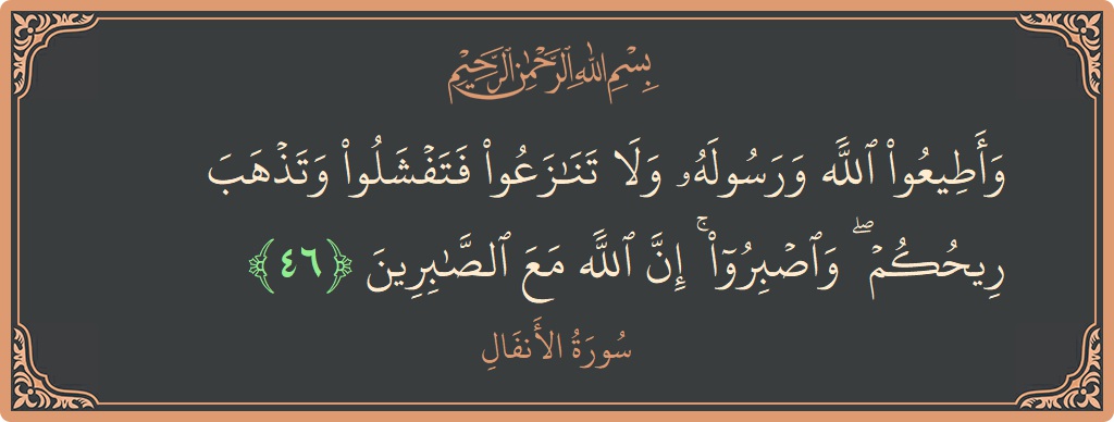 Verse 46 - Surah Al-Anfaal: (وأطيعوا الله ورسوله ولا تنازعوا فتفشلوا وتذهب ريحكم ۖ واصبروا ۚ إن الله مع الصابرين...) - English