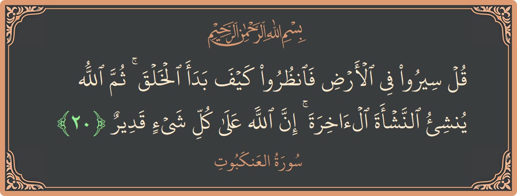 Verse 20 - Surah Al-Ankaboot: (قل سيروا في الأرض فانظروا كيف بدأ الخلق ۚ ثم الله ينشئ النشأة الآخرة ۚ إن الله على كل شيء...) - English