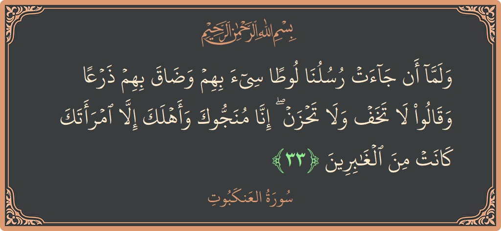 Verse 33 - Surah Al-Ankaboot: (ولما أن جاءت رسلنا لوطا سيء بهم وضاق بهم ذرعا وقالوا لا تخف ولا تحزن ۖ إنا منجوك وأهلك إلا...) - English