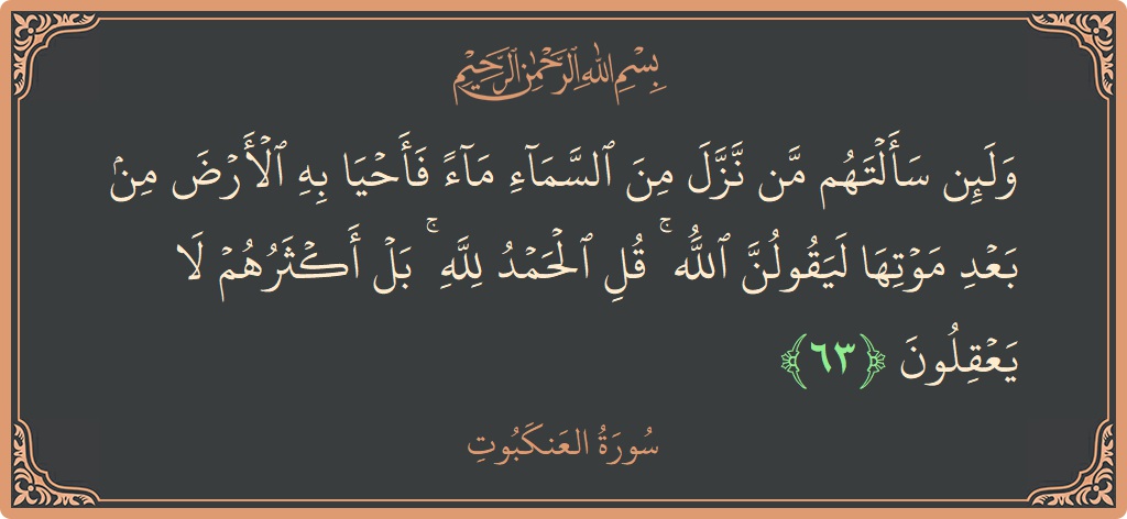 آیت 63 - سورہ عنکبوت: (ولئن سألتهم من نزل من السماء ماء فأحيا به الأرض من بعد موتها ليقولن الله ۚ قل الحمد لله ۚ...) - اردو