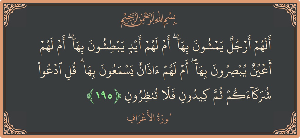 195 - Araf Suresi ayeti: (ألهم أرجل يمشون بها ۖ أم لهم أيد يبطشون بها ۖ أم لهم أعين يبصرون بها ۖ أم لهم آذان...) - Türkçe