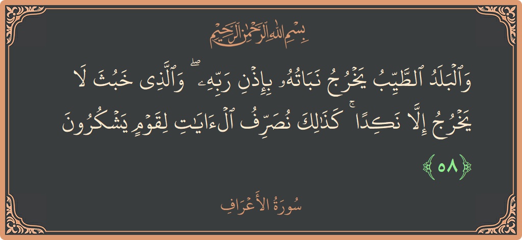 58 - Araf Suresi ayeti: (والبلد الطيب يخرج نباته بإذن ربه ۖ والذي خبث لا يخرج إلا نكدا ۚ كذلك نصرف الآيات لقوم يشكرون...) - Türkçe