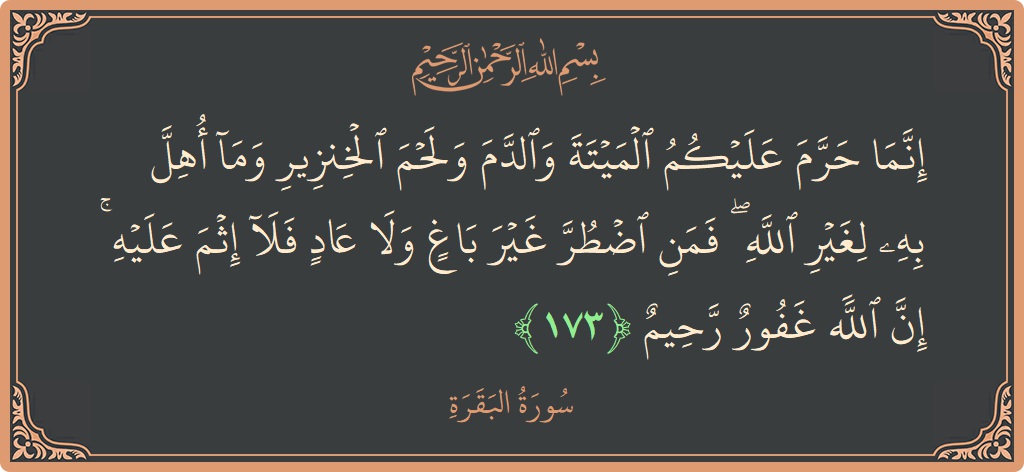 Verse 173 - Surah Al-Baqara: (إنما حرم عليكم الميتة والدم ولحم الخنزير وما أهل به لغير الله ۖ فمن اضطر غير باغ ولا عاد فلا...) - English