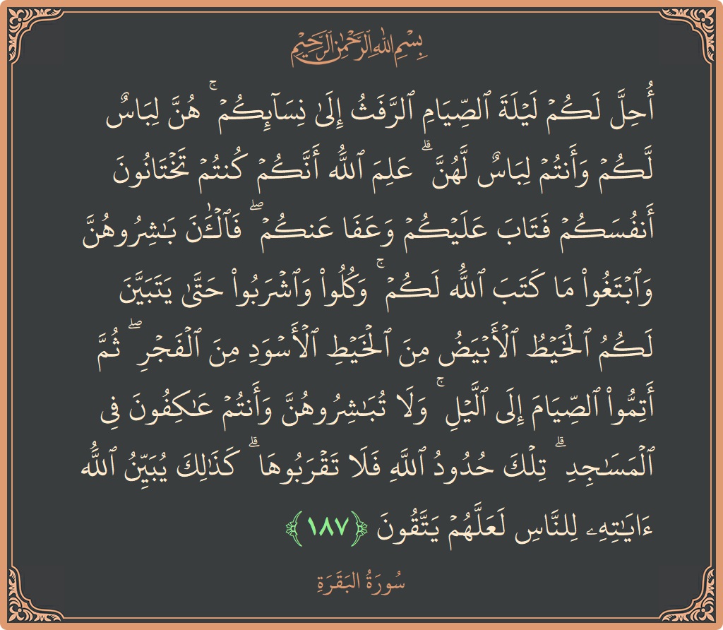 الآية 187 - سورة البقرة: (أحل لكم ليلة الصيام الرفث إلى نسائكم ۚ هن لباس لكم وأنتم لباس لهن ۗ علم الله أنكم كنتم تختانون...)