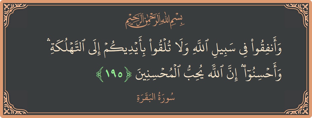 الآية 195 - سورة البقرة: (وأنفقوا في سبيل الله ولا تلقوا بأيديكم إلى التهلكة ۛ وأحسنوا ۛ إن الله يحب المحسنين...)