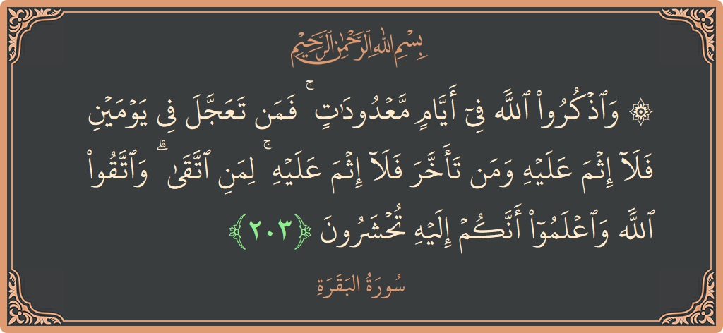 آیت 203 - سورۃ البقرہ: (۞ واذكروا الله في أيام معدودات ۚ فمن تعجل في يومين فلا إثم عليه ومن تأخر فلا إثم عليه ۚ...) - اردو