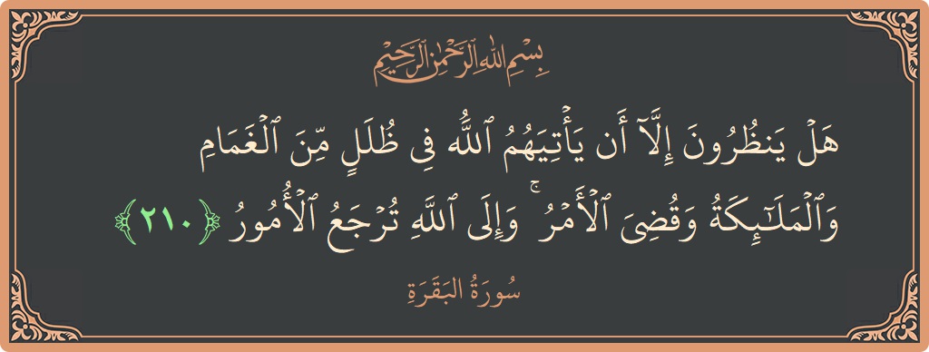 آیت 210 - سورۃ البقرہ: (هل ينظرون إلا أن يأتيهم الله في ظلل من الغمام والملائكة وقضي الأمر ۚ وإلى الله ترجع الأمور...) - اردو