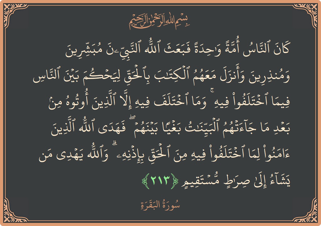 آیت 213 - سورۃ البقرہ: (كان الناس أمة واحدة فبعث الله النبيين مبشرين ومنذرين وأنزل معهم الكتاب بالحق ليحكم بين الناس فيما اختلفوا فيه ۚ...) - اردو