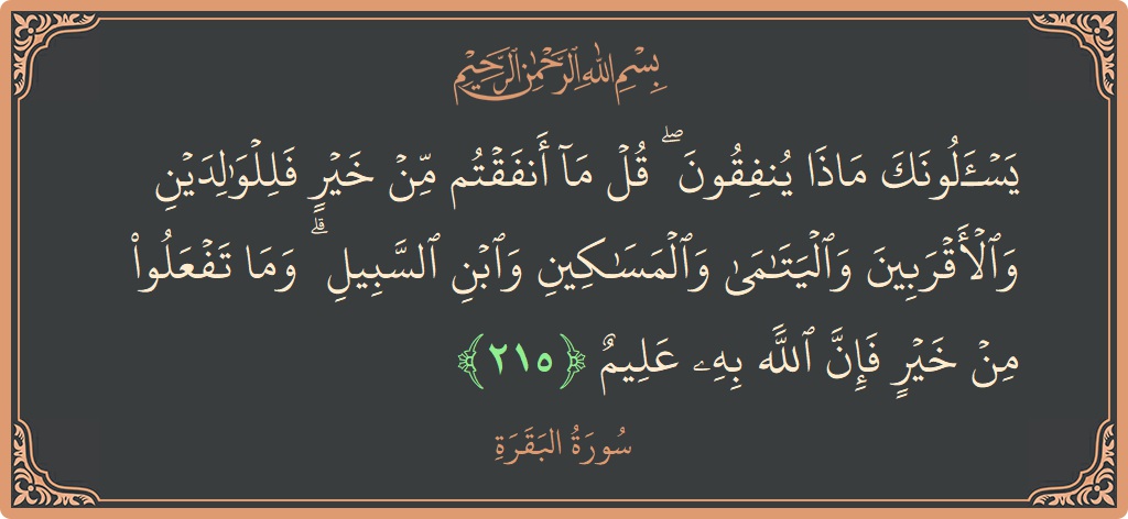 Verse 215 - Surah Al-Baqara: (يسألونك ماذا ينفقون ۖ قل ما أنفقتم من خير فللوالدين والأقربين واليتامى والمساكين وابن السبيل ۗ وما تفعلوا من خير...) - English