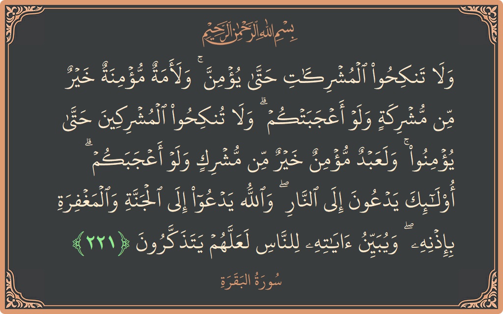 آیت 221 - سورۃ البقرہ: (ولا تنكحوا المشركات حتى يؤمن ۚ ولأمة مؤمنة خير من مشركة ولو أعجبتكم ۗ ولا تنكحوا المشركين حتى يؤمنوا ۚ...) - اردو