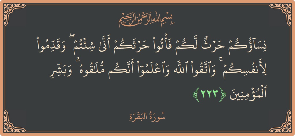 الآية 223 - سورة البقرة: (نساؤكم حرث لكم فأتوا حرثكم أنى شئتم ۖ وقدموا لأنفسكم ۚ واتقوا الله واعلموا أنكم ملاقوه ۗ وبشر المؤمنين...)