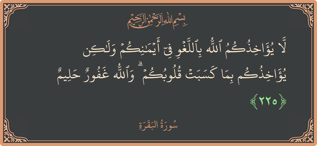 Ayat 225 - Surat Al Baqarah: (لا يؤاخذكم الله باللغو في أيمانكم ولكن يؤاخذكم بما كسبت قلوبكم ۗ والله غفور حليم...) - Indonesia