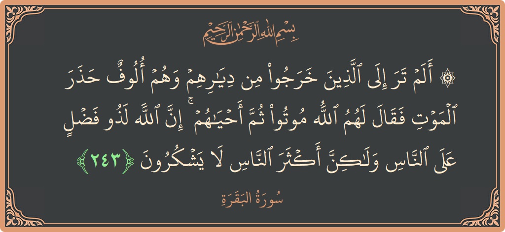 آیت 243 - سورۃ البقرہ: (۞ ألم تر إلى الذين خرجوا من ديارهم وهم ألوف حذر الموت فقال لهم الله موتوا ثم أحياهم ۚ إن...) - اردو