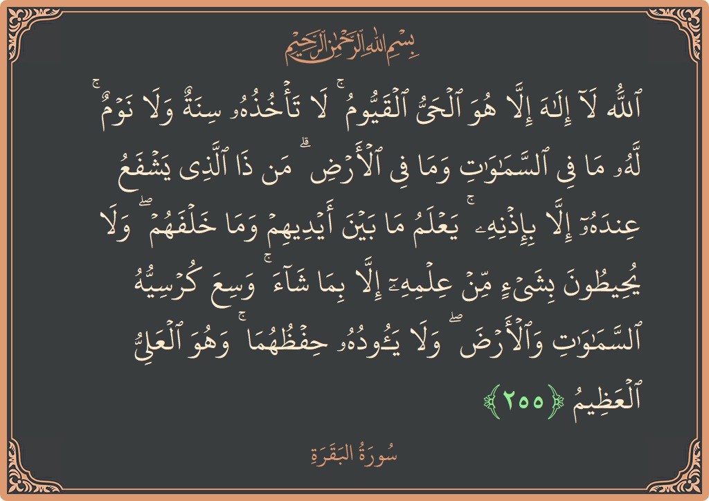 الآية 255 - سورة البقرة: (الله لا إله إلا هو الحي القيوم ۚ لا تأخذه سنة ولا نوم ۚ له ما في السماوات وما في...)