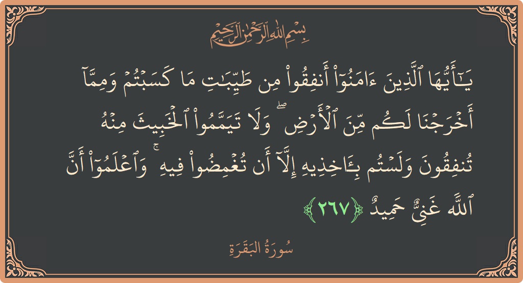آیت 267 - سورۃ البقرہ: (يا أيها الذين آمنوا أنفقوا من طيبات ما كسبتم ومما أخرجنا لكم من الأرض ۖ ولا تيمموا الخبيث منه تنفقون...) - اردو