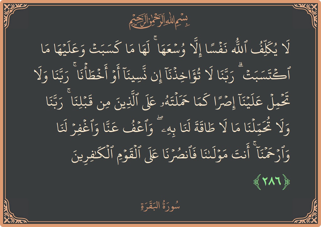 آیت 286 - سورۃ البقرہ: (لا يكلف الله نفسا إلا وسعها ۚ لها ما كسبت وعليها ما اكتسبت ۗ ربنا لا تؤاخذنا إن نسينا أو...) - اردو