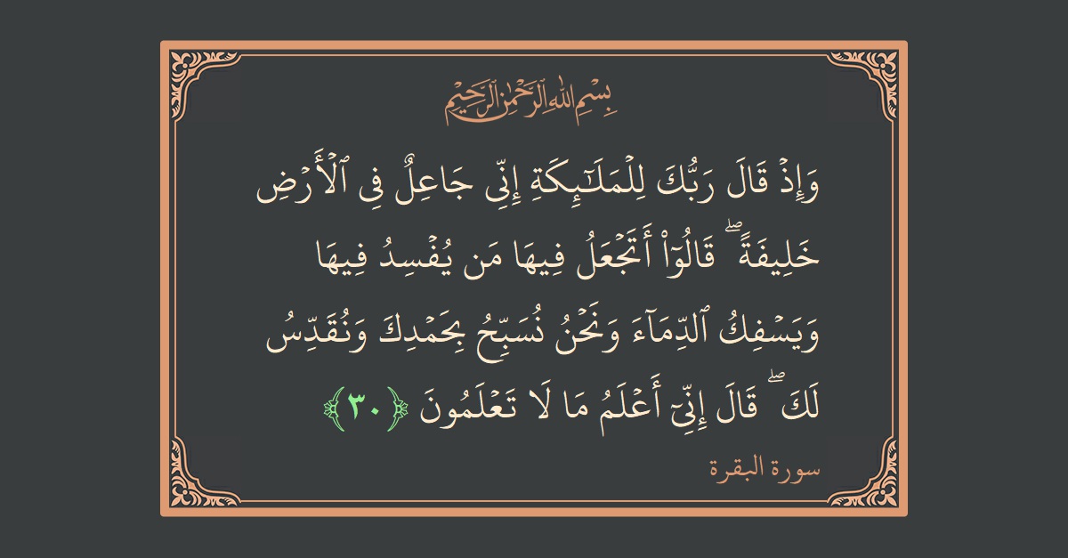 الآية 30 - سورة البقرة: (وإذ قال ربك للملائكة إني جاعل في الأرض خليفة ۖ قالوا أتجعل فيها من يفسد فيها ويسفك الدماء ونحن نسبح...)