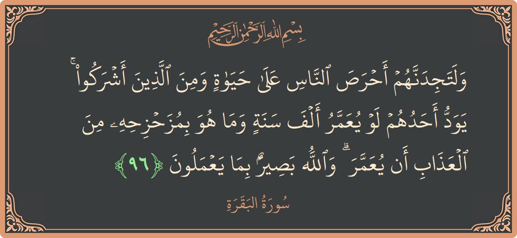 Ayat 96 - Surat Al Baqarah: (ولتجدنهم أحرص الناس على حياة ومن الذين أشركوا ۚ يود أحدهم لو يعمر ألف سنة وما هو بمزحزحه من العذاب...) - Indonesia